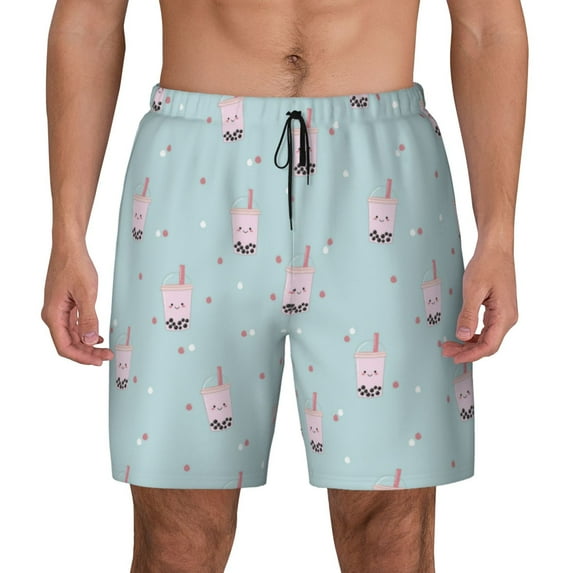 Kdxio Milk Tea Print Men's Swim Trunks with Compression Liner 7 Inch Inseam Quick Dry Swim Shorts