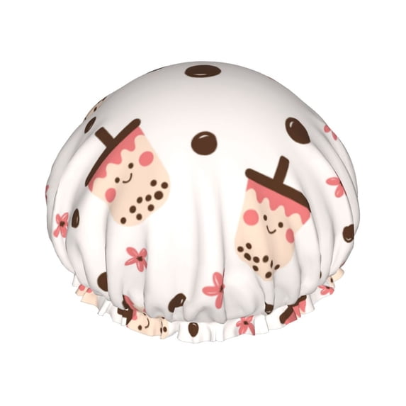 Kdxio Milk Tea Print Shower Cap for Women,Elastic and Reusable,Double Waterproof Layers Bathing Hat