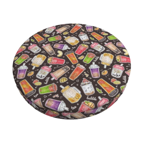 Kdxio Milk Tea Print Stool Covers Round,Stretch Round Bar Stool Covers Washable Bar Stool Cushion Slipcover for 12-15 Inch Chair