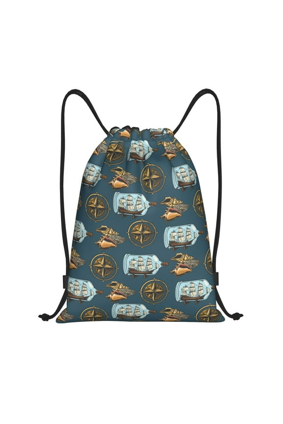 Miniature Ship In Bottle Print Drawstring Backpack Bag,Waterproof Draw String Back Sack, Gym Drawstring Bags Swim Bag For Unisex