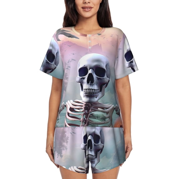 Kdxio Mist Sunflower Skull Print Pajamas Sets for Women Short-Sleeved Pjs with Lounge Shorts Two Piece Sleepwear S-4XL