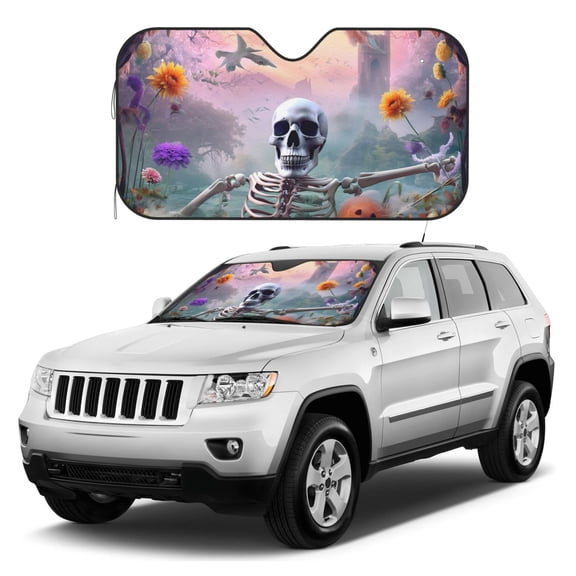 Kdxio Mist Sunflower Skull Print Windshield Sun Shade, Foldable Sun Blocker for Car,Truck,SUV Automotive Interior Sun Protection,Reflective Shade for Front Windshield(Small)
