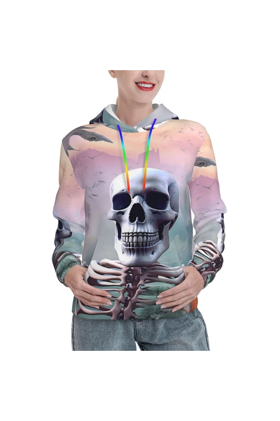 Mist Sunflower Skull Print Womens Oversized Hoodies Sweatshirts Hooded Pullover Tops Sweaters Casual-X-Large