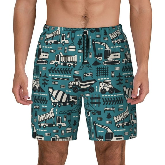 Kdxio Modern Excavator Print Men's Swim Trunks with Compression Liner 7 Inch Inseam Quick Dry Swim Shorts