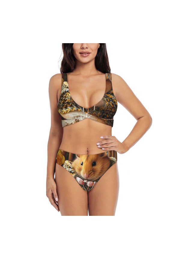 Modern Floral Guinea Pig Print Women's 2 Piece High Waisted Wrap Spaghetti Strap Summer Swimsuit Bikini Set-Medium