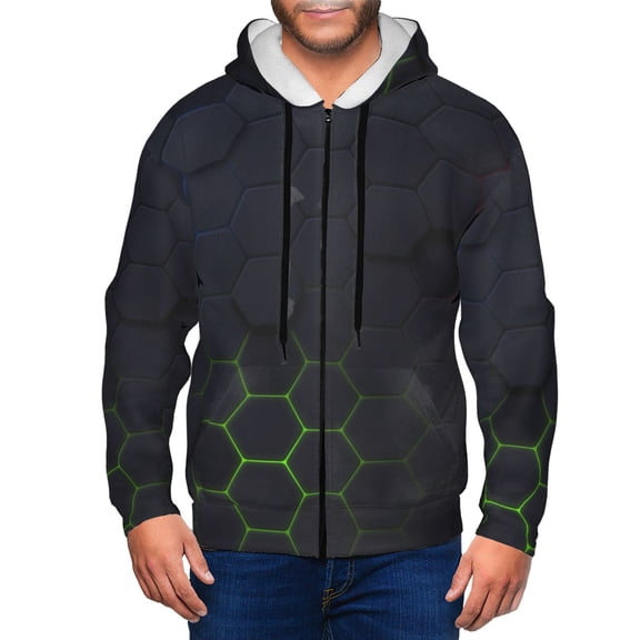 Kdxio Modern Hexagonal Neon Grid Print Men Hoodies Casual Hoodies for Men with Zip Pockets Full Zip Long Sleeve Sweatshirt Sports Hooded Jacket-X-Large