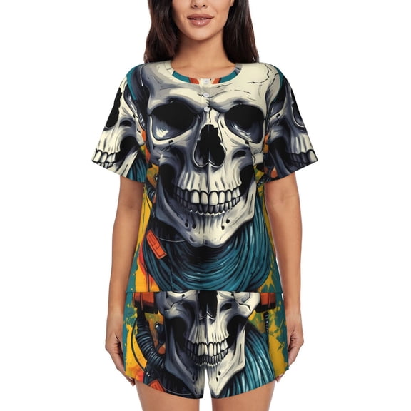 Kdxio Modern Hip-Hop Skull Print Pajamas Sets for Women Short-Sleeved Pjs with Lounge Shorts Two Piece Sleepwear S-4XL