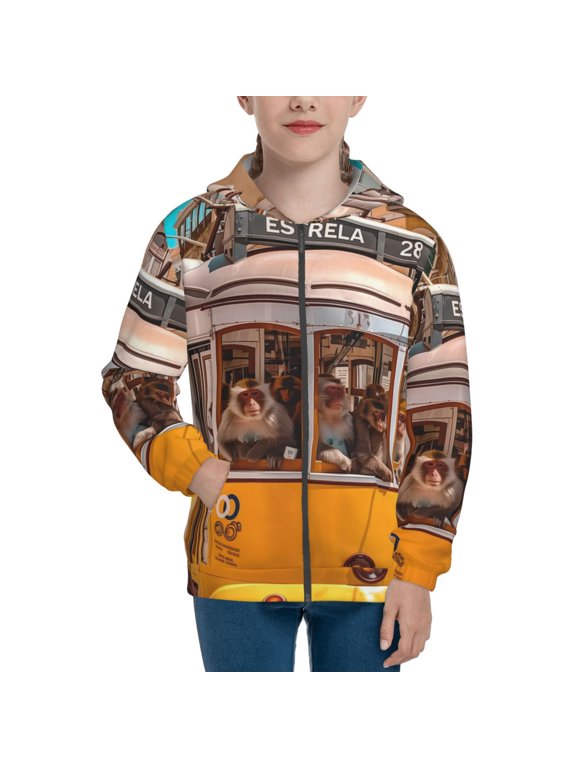 Modern Urban Monkey Pattern Kids Boys Girls Zip Up Hoodie 3D Printed Hooded Sweatshirt Hoody Coat with Pocket 7-12 Y-Small