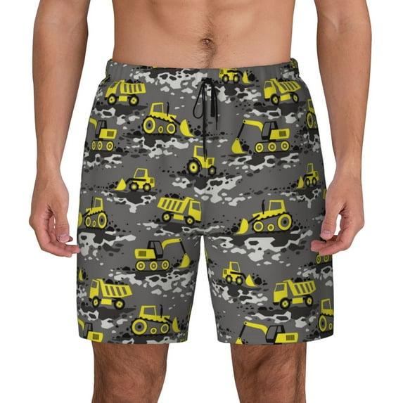 Kdxio Modern Yellow Excavator Print Men's Swim Trunks with Compression Liner 7 Inch Inseam Quick Dry Swim Shorts