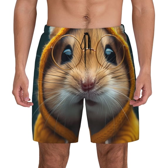 Kdxio Modern Yellow Sweater Guinea Pig Print Men's Swim Trunks with Compression Liner 7 Inch Inseam Quick Dry Swim Shorts