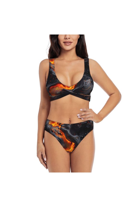 Molten Lava Abstract Flow Print Women's 2 Piece High Waisted Wrap Spaghetti Strap Summer Swimsuit Bikini Set-X-Large