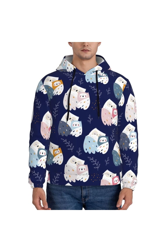 Mom And Baby Owls Print Mens Casual Hooded Collar Drawstring Hoodies Pullover Sweatshirts Casual Long Sleeve Shirts-Small