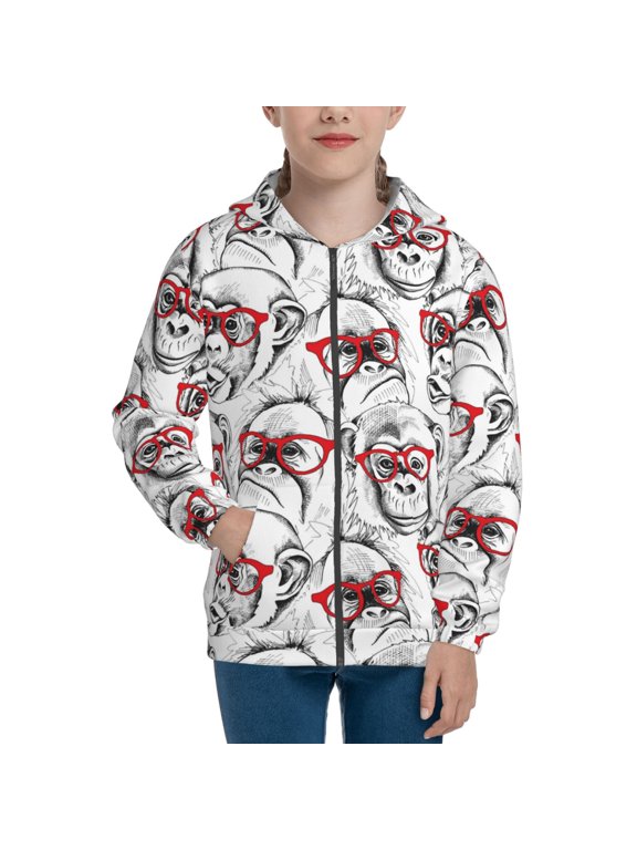 Monkey Pattern Kids Boys Girls Zip Up Hoodie 3D Printed Hooded Sweatshirt Hoody Coat with Pocket 7-12 Y-Medium