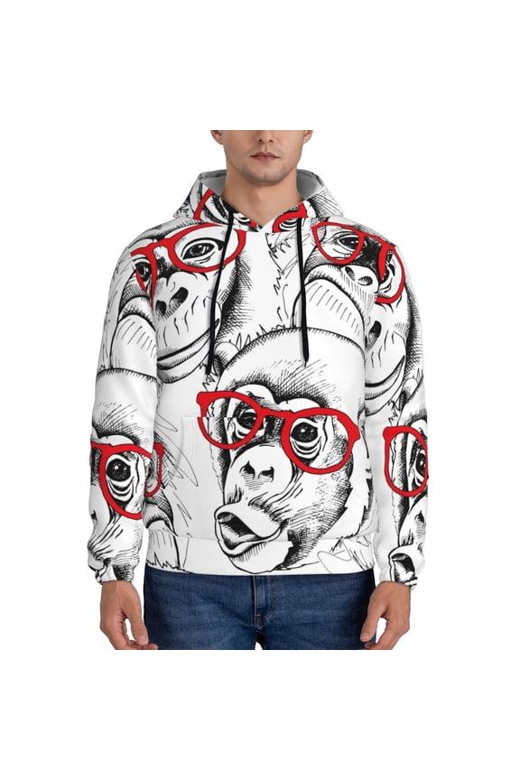 Monkey Print Mens Casual Hooded Collar Drawstring Hoodies Pullover Sweatshirts Casual Long Sleeve Shirts-Large