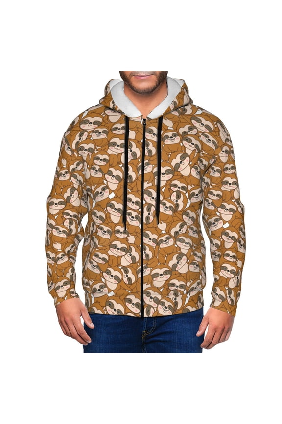 Monkey Sloth Print Men Hoodies Casual Hoodies for Men with Zip Pockets Full Zip Long Sleeve Sweatshirt Sports Hooded Jacket-Large