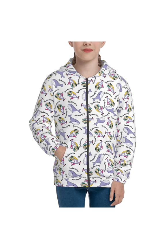 Monkey Submarine Captain Pattern Kids Boys Girls Zip Up Hoodie 3D Printed Hooded Sweatshirt Hoody Coat with Pocket 7-12 Y-Medium