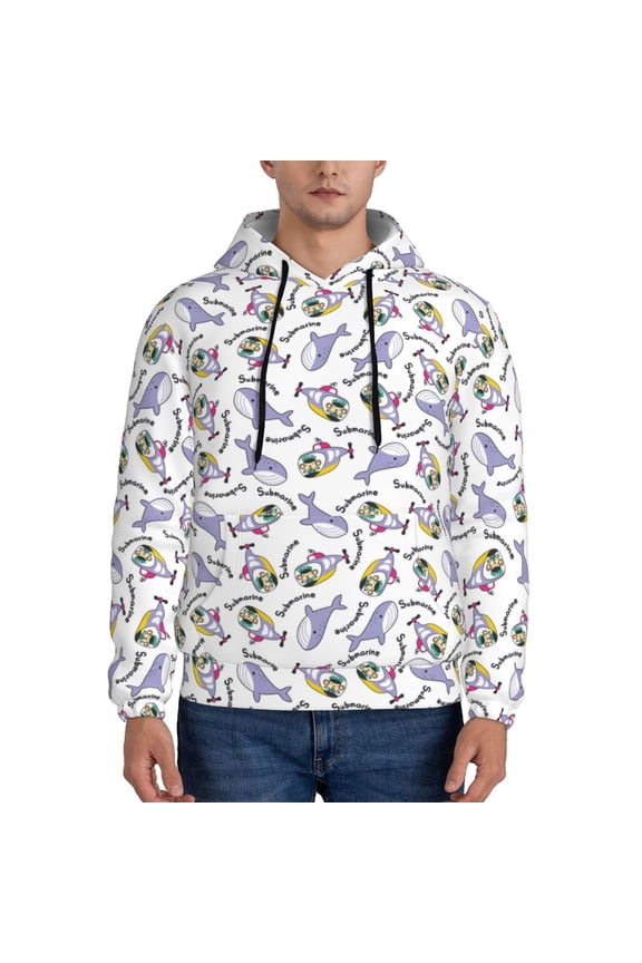 Monkey Submarine Captain Print Mens Casual Hooded Collar Drawstring Hoodies Pullover Sweatshirts Casual Long Sleeve Shirts-Large