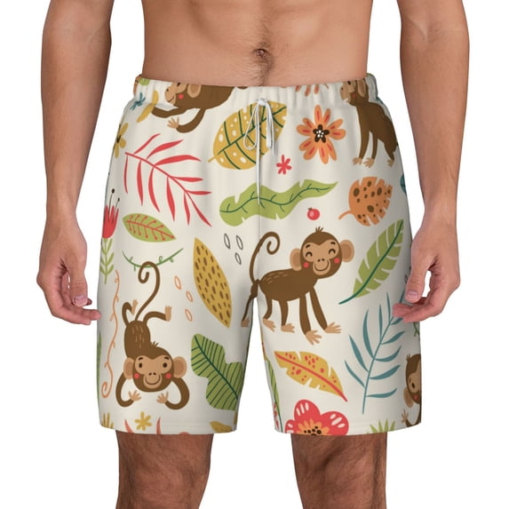 Kdxio Monkeys In The Jungle Print Men'S Swim Trunks With Compression Liner 7 Inch Inseam Quick Dry Swim Shorts