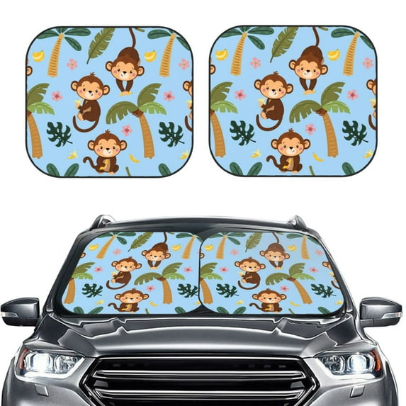 Kdxio Monkeys Swinging From Palms Print 2-Piece Sun Shade Front Windshield - Foldable Car Front Window Sunshades For Most Sedans Suv Truck