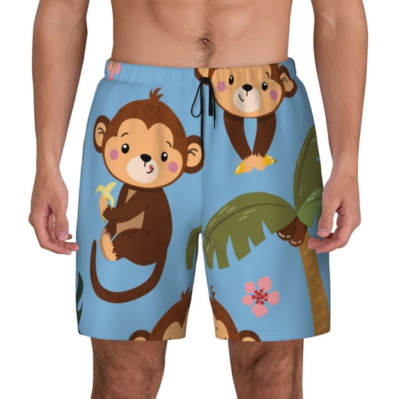 Kdxio Monkeys Swinging From Palms Print Men'S Swim Trunks With Compression Liner 7 Inch Inseam Quick Dry Swim Shorts