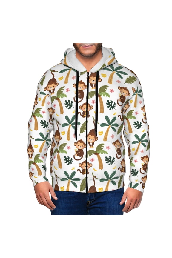 Monkeys Swinging from Palms Print Men Hoodies Casual Hoodies for Men with Zip Pockets Full Zip Long Sleeve Sweatshirt Sports Hooded Jacket-Small