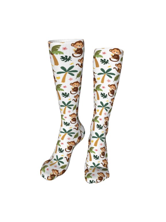 Monkeys Swinging from Palms Funny Silky Novelty Funky Long Knee High Socks Soft 3D Print Cosplay Crazy Stockings for Men Women