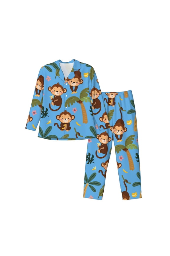 Monkeys Swinging from Palms Men’s Pajama Set Pajamas For Men 2 Piece PJ Set with Men Pajama Pants and Long Sleeve T-Shirt Lounge Set-