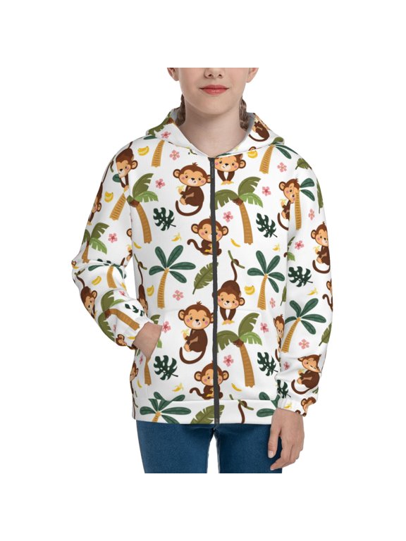 Monkeys Swinging from Palms Pattern Kids Boys Girls Zip Up Hoodie 3D Printed Hooded Sweatshirt Hoody Coat with Pocket 7-12 Y-Small