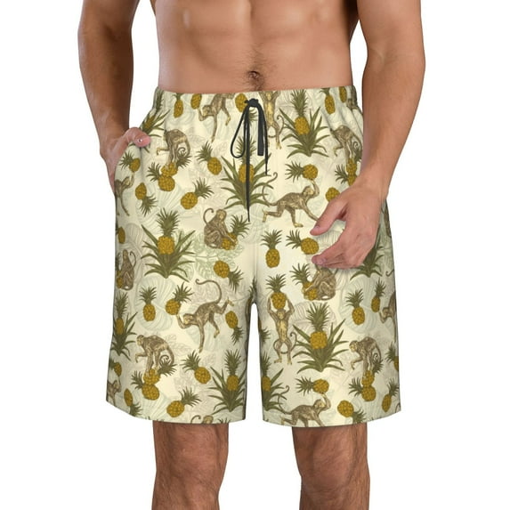 Kdxio Monkeys and Pinealpples Pattern Mens Casual Shorts - Drawstring Summer Beach Sports Shorts for Men