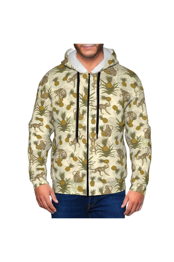Monkeys and Pinealpples Print Men Hoodies Casual Hoodies for Men with Zip Pockets Full Zip Long Sleeve Sweatshirt Sports Hooded Jacket-Medium