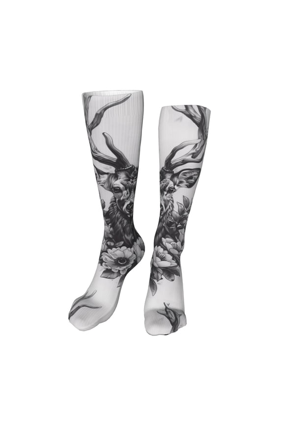 Monochrome Deer Floral Funny Silky Novelty Funky Long Knee High Socks Soft 3D Print Cosplay Crazy Stockings for Men Women