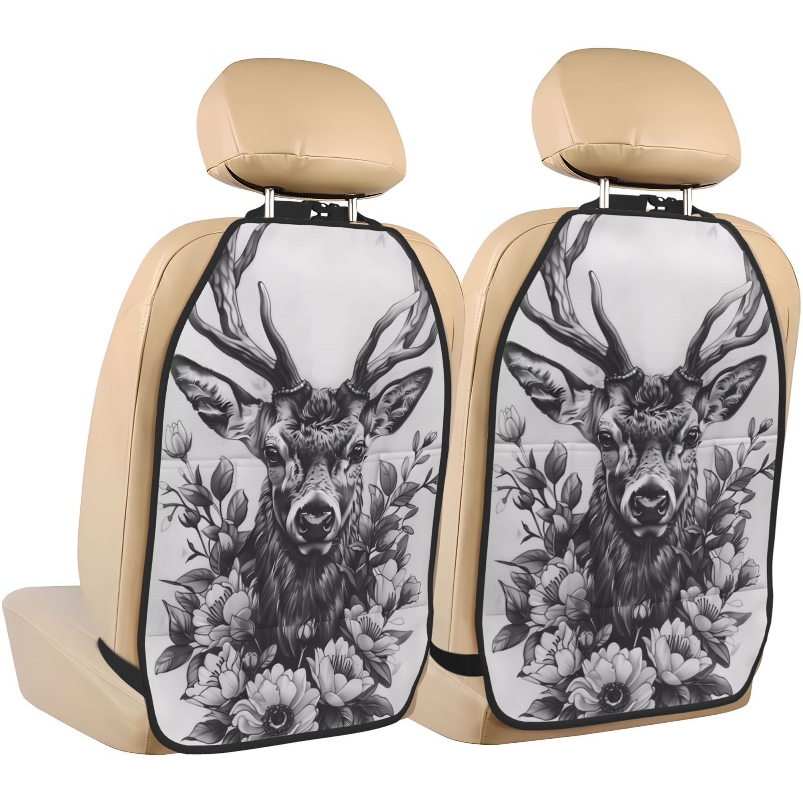 Kdxio Monochrome Deer Floral Print 2 Pack Car Kick Mat Seat Cover Back Protector Mat with Pockets for Organizer Backseat Protector and Storage Anti Kick Pad for Vehicles