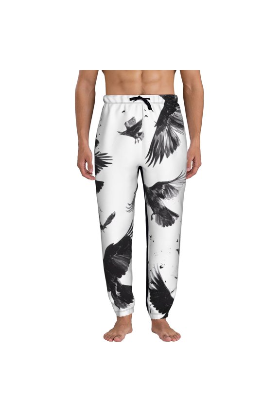 Monochrome Flying Ravens Pattern Joggers,Sweatpants for Men with Pockets-Medium