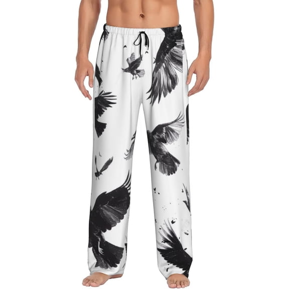 Kdxio Monochrome Flying Ravens Print Men's Sleep Pajama Pant Lounge Pants with Pockets-Medium
