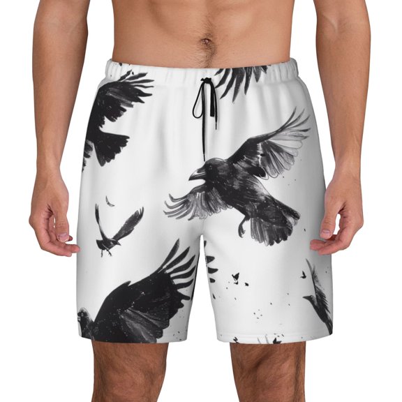 Kdxio Monochrome Flying Ravens Print Men's Swim Trunks with Compression Liner 7 Inch Inseam Quick Dry Swim Shorts