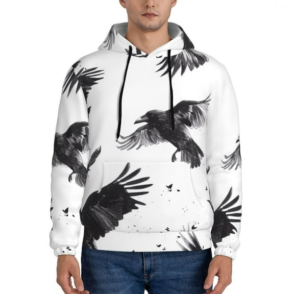 Kdxio Monochrome Flying Ravens Print Mens Casual Hooded Collar Drawstring Hoodies Pullover Sweatshirts Casual Long Sleeve Shirts-