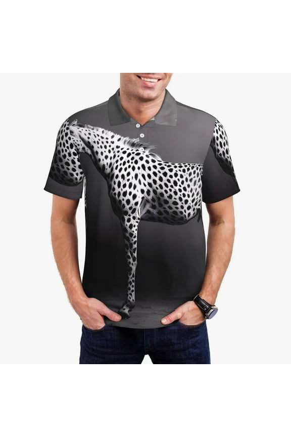 Monochrome Leopard Horse Print Men's Short Sleeve Polo Shirt,Midweight Men's Shirt-XX-Large
