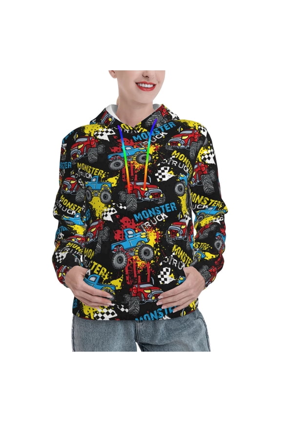 Monster Car Print Womens Oversized Hoodies Sweatshirts Hooded Pullover Tops Sweaters Casual-Large