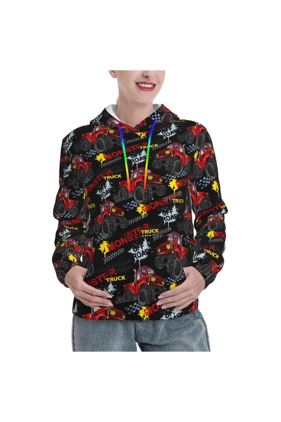 Monster Truck Print Womens Oversized Hoodies Sweatshirts Hooded Pullover Tops Sweaters Casual-Medium
