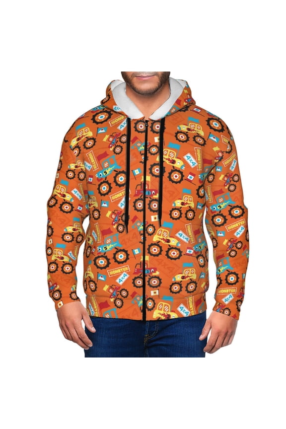 Monster Truck,Truck Cartoon Print Men Hoodies Casual Hoodies for Men with Zip Pockets Full Zip Long Sleeve Sweatshirt Sports Hooded Jacket-Medium