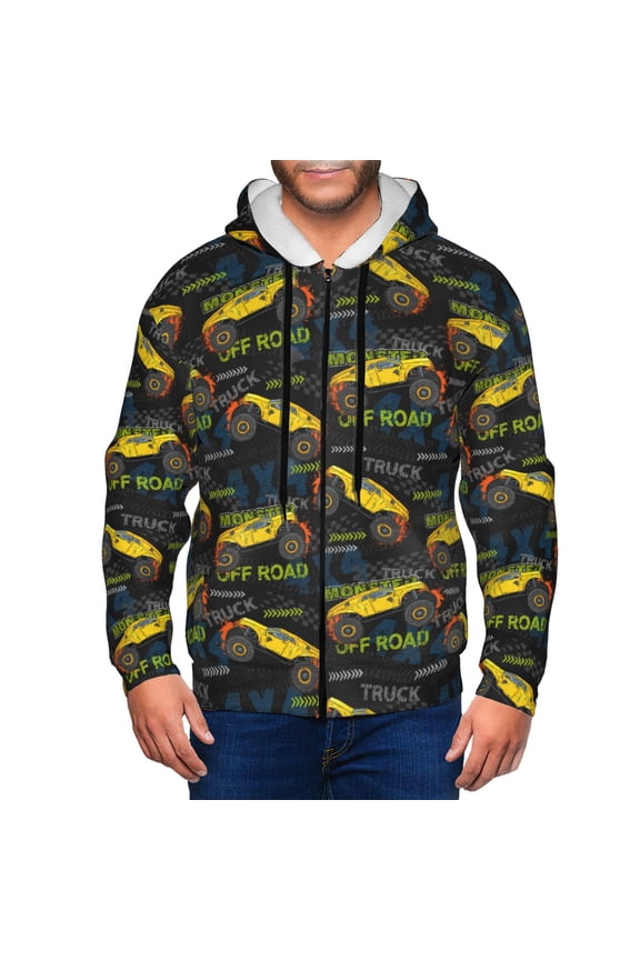 Monster Truck1 Print Men Hoodies Casual Hoodies for Men with Zip Pockets Full Zip Long Sleeve Sweatshirt Sports Hooded Jacket-Small
