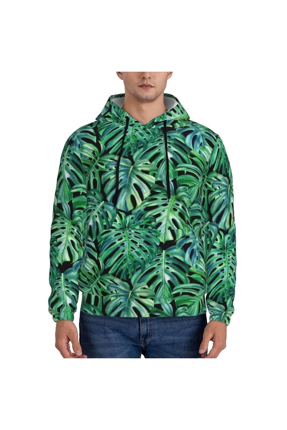 Monstera Leaves Print Mens Casual Hooded Collar Drawstring Hoodies Pullover Sweatshirts Casual Long Sleeve Shirts-
