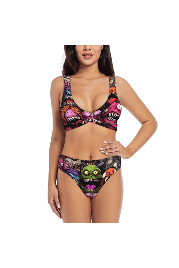 Monstrous Cartoon Characters Print Women's 2 Piece High Waisted Wrap Spaghetti Strap Summer Swimsuit Bikini Set-Medium