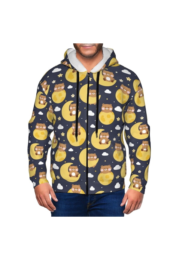 Moon Bear Print Men Hoodies Casual Hoodies for Men with Zip Pockets Full Zip Long Sleeve Sweatshirt Sports Hooded Jacket-Large