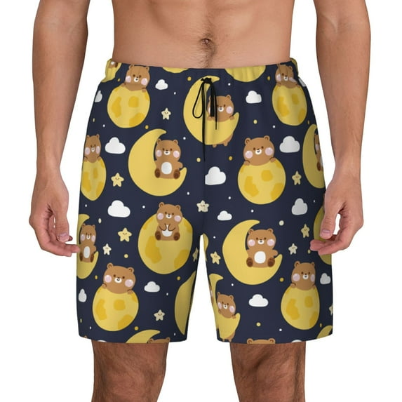 Kdxio Moon Bear Print Men's Swim Trunks with Compression Liner 7 Inch Inseam Quick Dry Swim Shorts