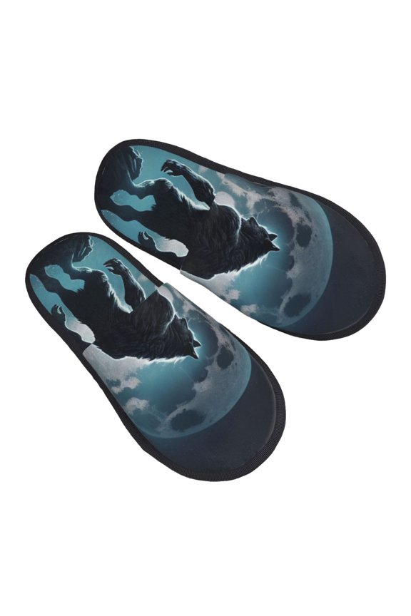 Moon Wolf Warrior Pattern Slippers for Women Memory Foam Fuzzy House Slippers Bedroom Non-slip Warm Womens Slippers