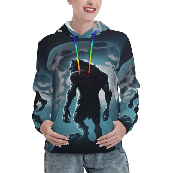 Kdxio Moon Wolf Warrior Print Womens Oversized Hoodies Sweatshirts Hooded Pullover Tops Sweaters Casual-Large