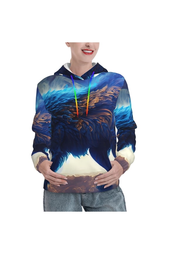Moonlit Blue Wolf Print Womens Oversized Hoodies Sweatshirts Hooded Pullover Tops Sweaters Casual-Medium