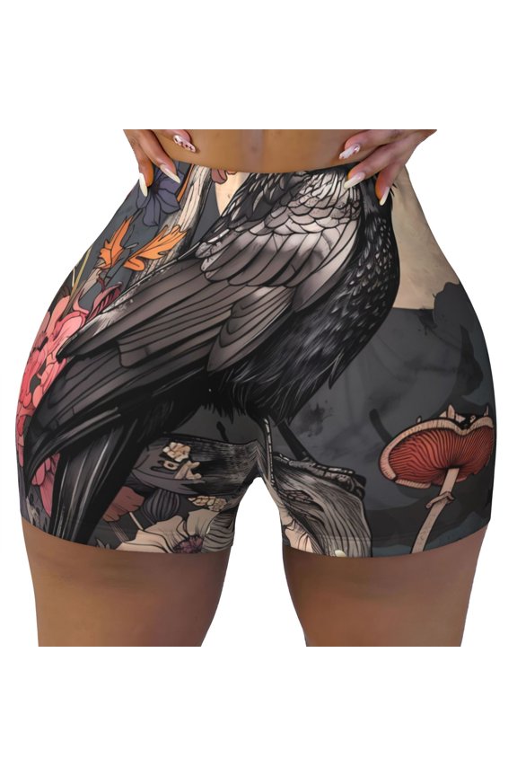 Moonlit Crow Blossoms Print Workout Shorts for Women Seamless Soft Smooth Gym Yoga Scrunch Active Shorts
