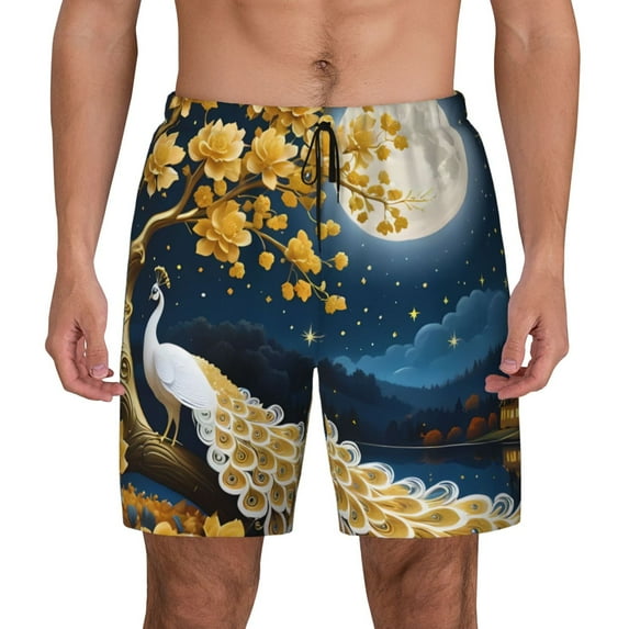 Kdxio Moonlit Golden Tree Peacock Print Men's Swim Trunks with Compression Liner 7 Inch Inseam Quick Dry Swim Shorts